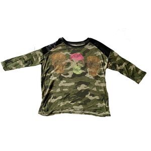 Camo shirt, leatherette trim, bling snd sculls